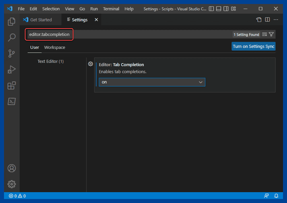 Modify the table completion setting in VS Code