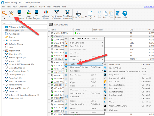 right-clicking on a workstation and selecting Tools