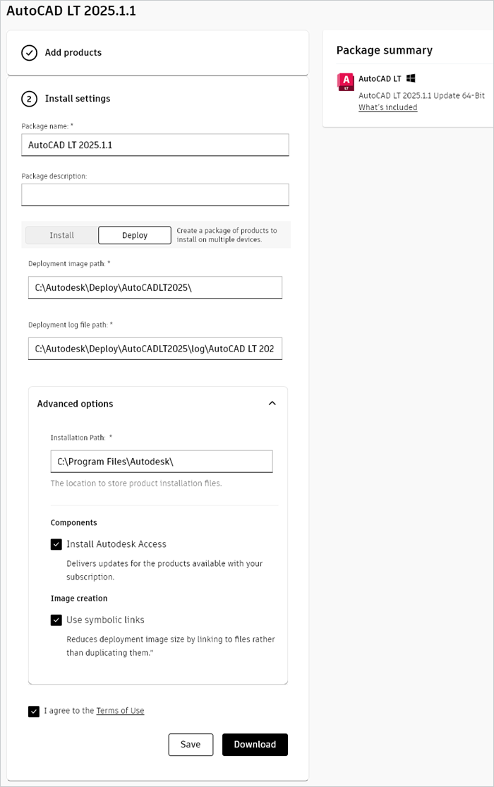 Configure an Autodesk deployment package installation settings.