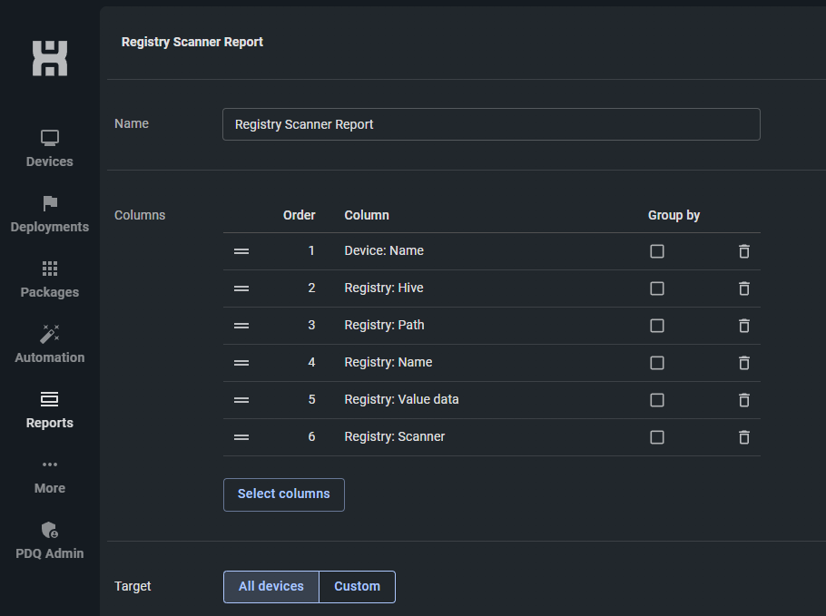 Screenshot showing Registry Scanner Report in PDQ Connect