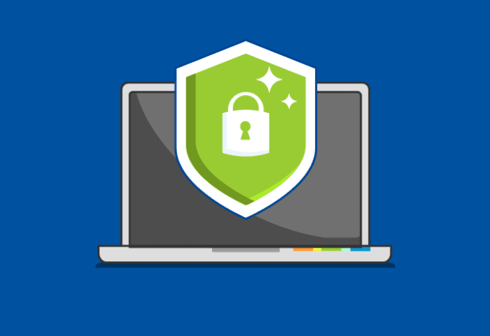 Illustration of computer with shield and lock that represents security