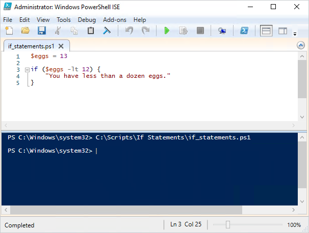 An example of a PowerShell if statement where the condition is false.