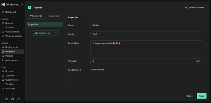 PicPick custom package properties in PDQ with package name, version, description, timeout, and conditions.