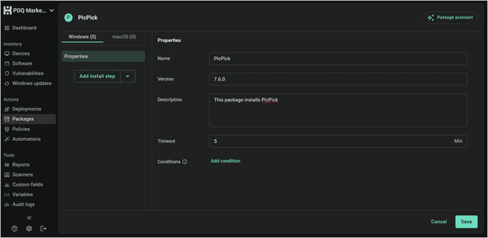 PicPick custom package properties in PDQ with package name, version, description, timeout, and conditions.