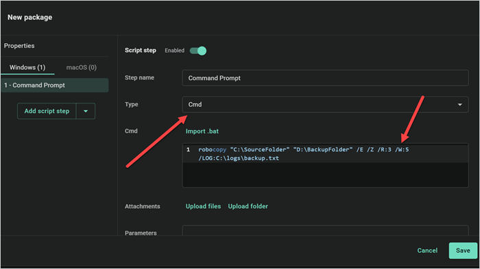 PDQ Connect script step configured with Robocopy command in Cmd mode including source, destination, and logging options. 