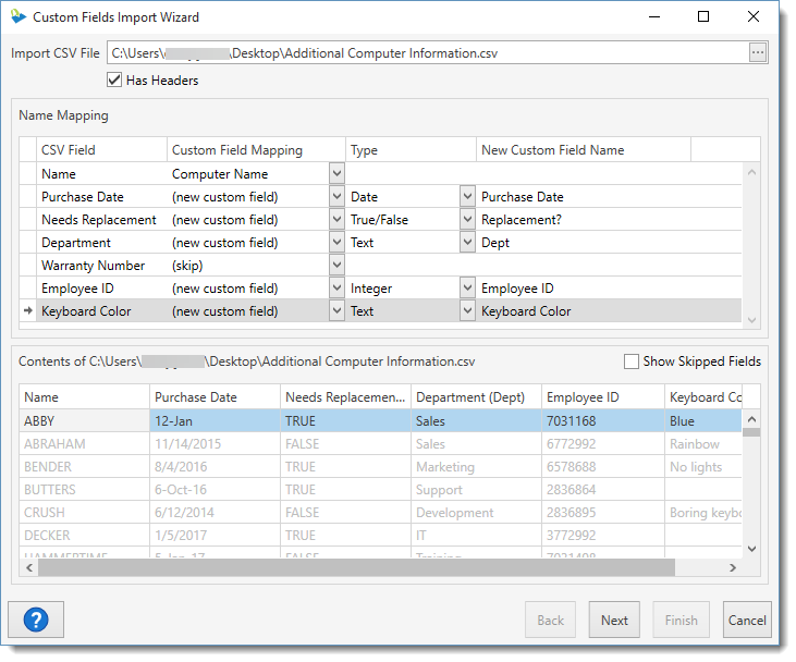  map the fields in the CSV file to any existing Custom Fields