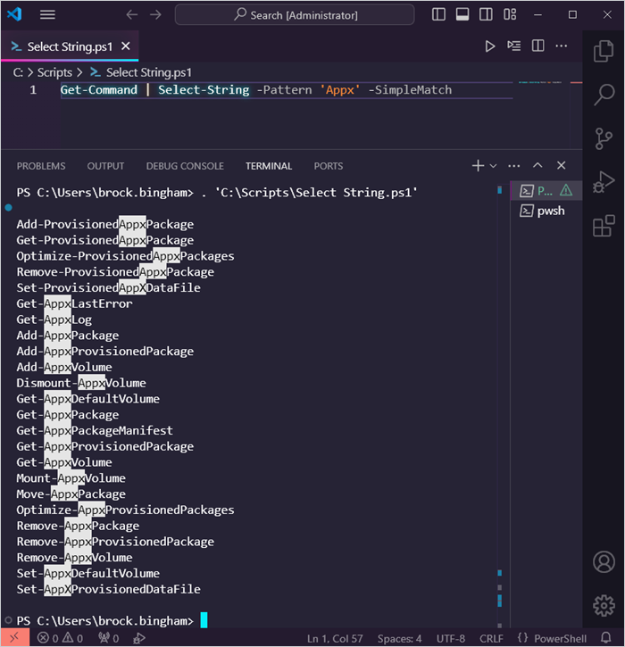 Using the Select-String command to filter results from the Get-Command cmdlet.