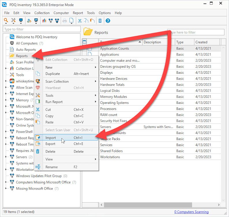 Right-click on Reports and select Import.
