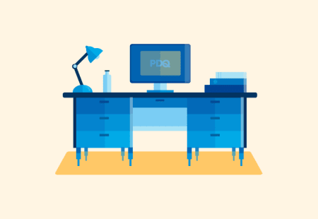 Illustration of computer desk and monitor with PDQ logo