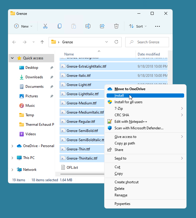 Installing multiple font files via the context menu.