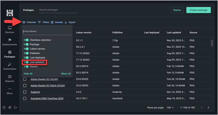 Screenshot showing how to change which fields are visible in PDQ Connect. 