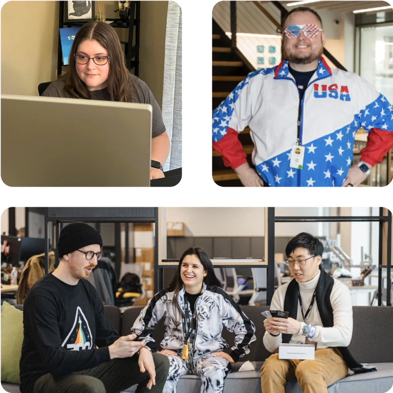 Collage of woman working from home, man in USA tracksuit, three employees playing card game