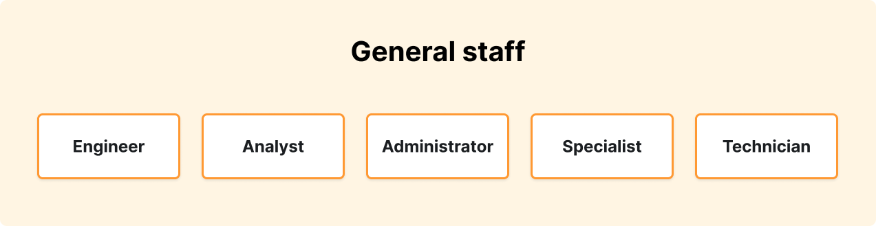 General staff tier of a large IT team, which includes engineer, analyst, administrator, specialist, and technician.