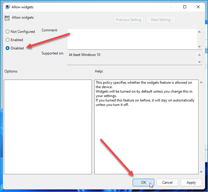 “Allow widgets” policy setting dialog with the “Disabled” option selected and red arrows pointing to radio button and OK button.