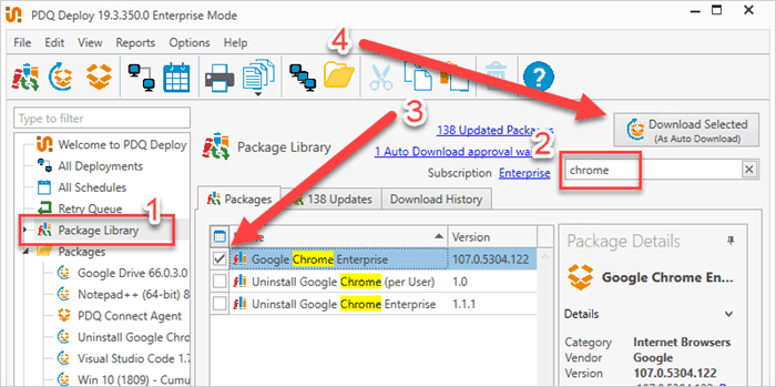 Downloading the Google Chrome package from the package library