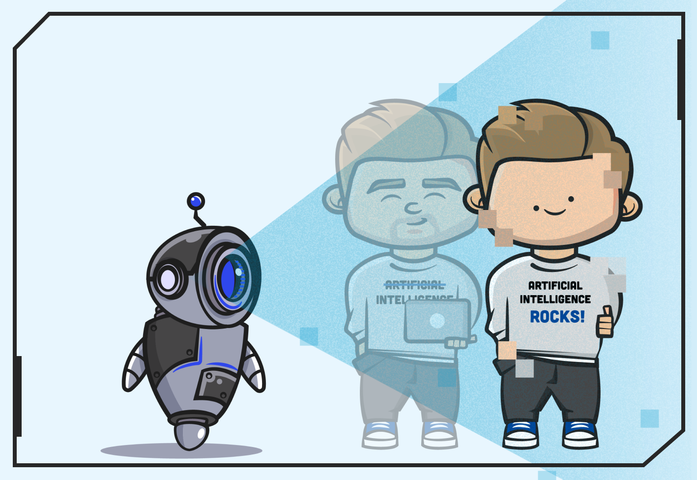 Cartoon showing sysadmin fading into the background as AI projects a new, deepfake version of him that is pixelated. 