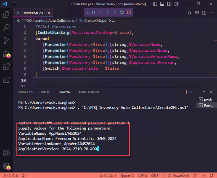 Enter the variable parameters when prompted by the PowerShell script.