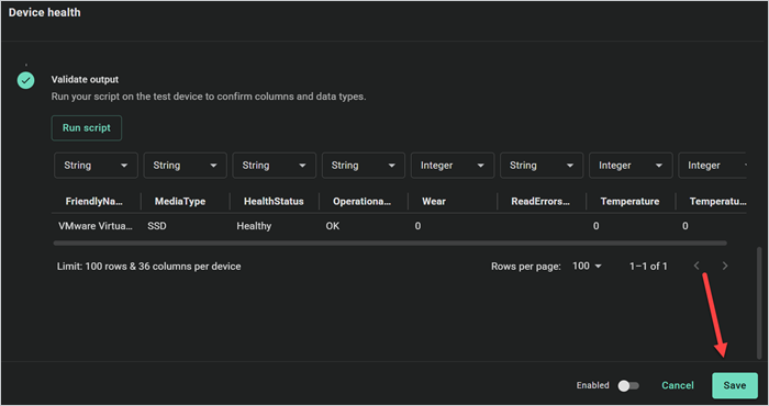 PDQ Connect validate output step showing disk health fields and the Save button.