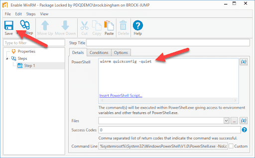 Screenshot showing the above command and the "Save" button in the PowerShell window of PDQ Deploy.