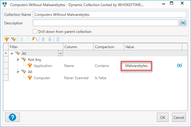 Dynamic collection filter settings excluding Malwarebytes