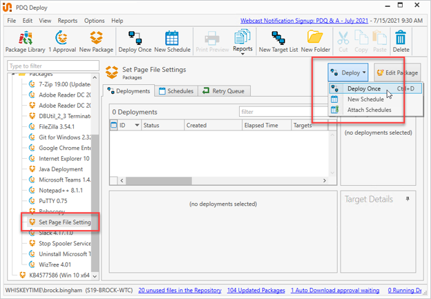 Screenshot of the PDQ Deploy UI showing  Deploy > Deploy Once.