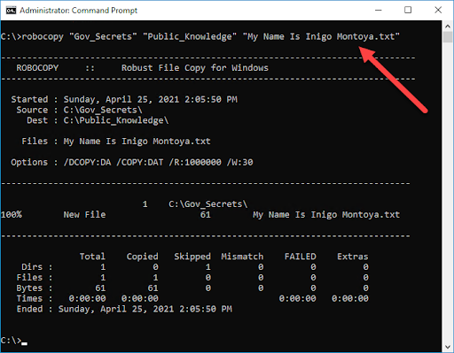 Screenshot of the Command Prompt showing what happens when you run the above code, explained in the following text.