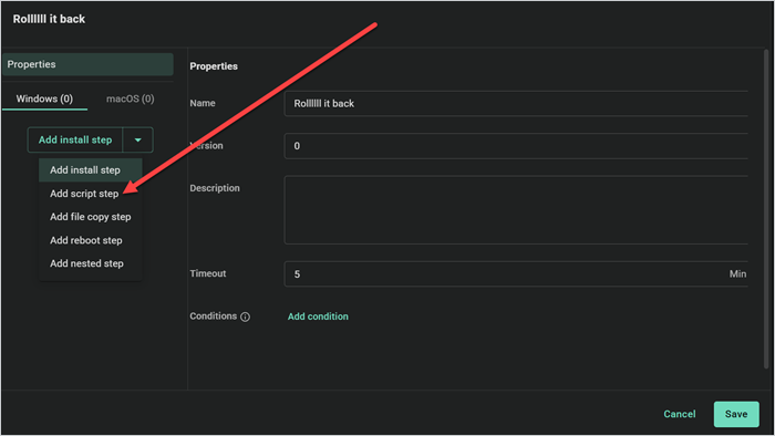PDQ Connect package editor with Add script step menu expanded under Windows tab.
