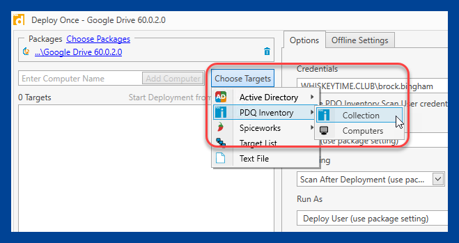 Target a collection in PDQ Inventory by clicking on Choose Targets, then PDQ Inventory, then Collection
