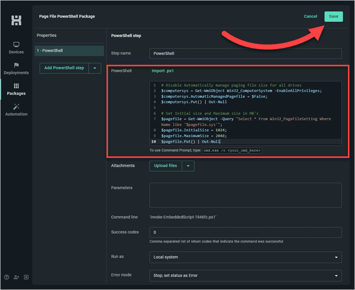 Add the PowerShell script to the package, then click Save.