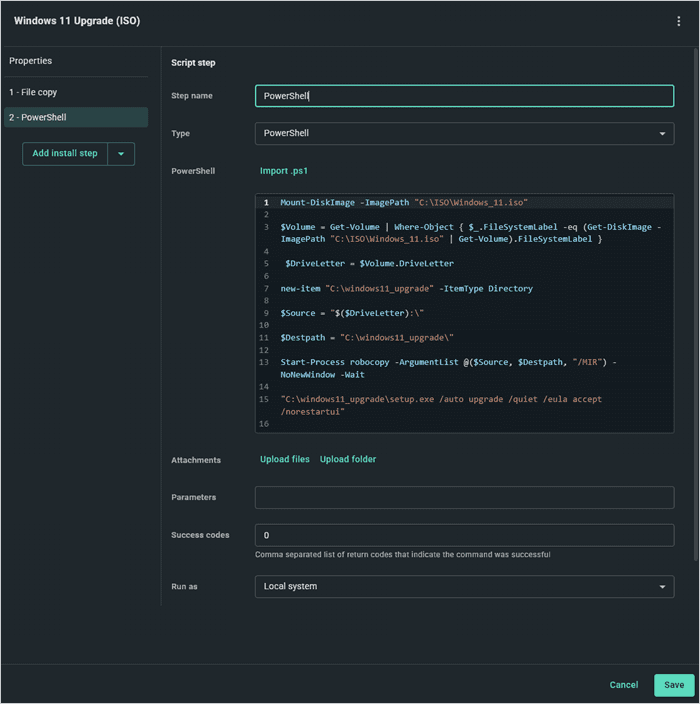 The completed script step containing the Windows upgrade PowerShell code.
