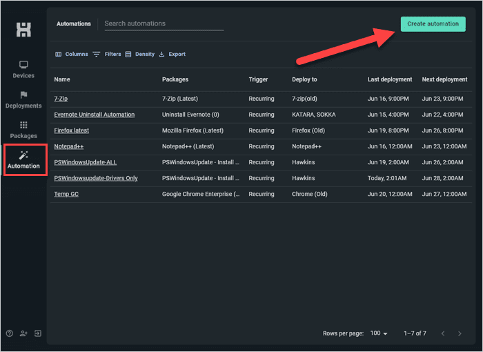 Click create automation to begin configuring an automation.