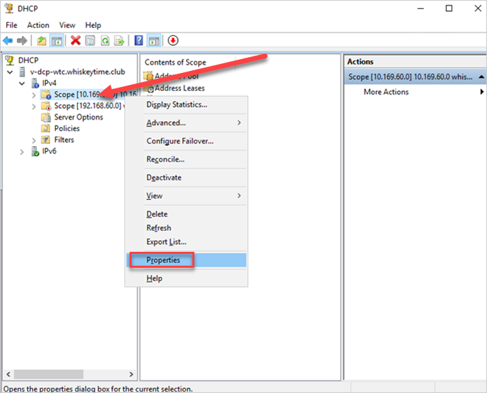 Opening up the properties of a DHCP scope inside the DHCP management console.