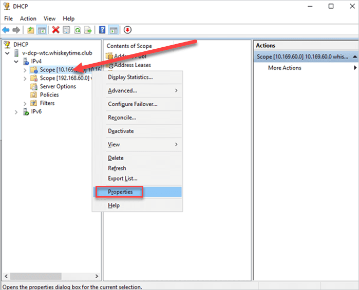 Opening up the properties of a DHCP scope inside the DHCP management console.