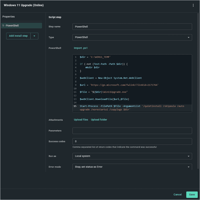 A script step in PDQ Connect with a PowerShell script to upgrade Windows.