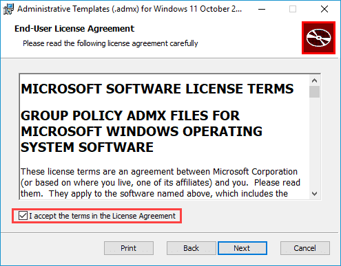 License agreement screen for Windows 11 administrative templates installer with checkbox for accepting terms selected.