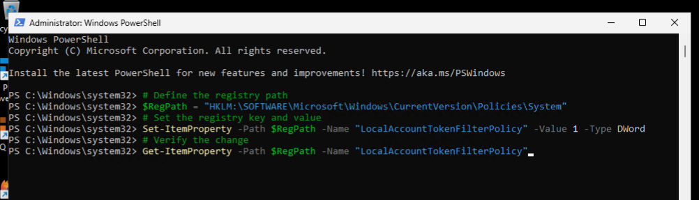 Screen shot of a PowerShell code that turns off UAC.