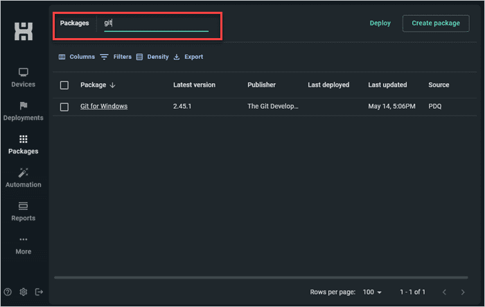 Locating the Git package in PDQ Connect.