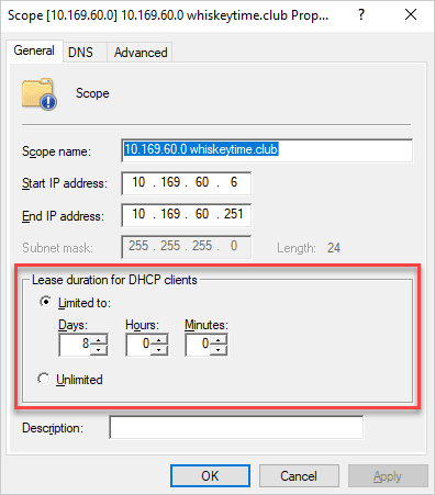 Configuring lease duration in the scope properties window.