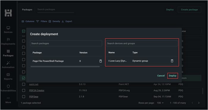 Screenshot of the PDQ Connect UI showing the "Create deployment" window and the Deploy button. 