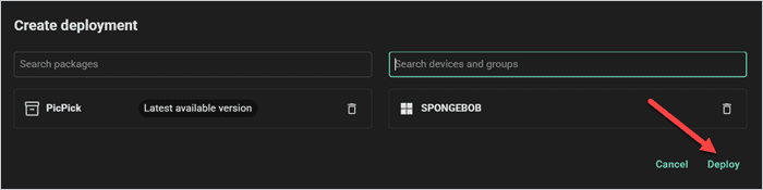 PDQ Create deployment window with the PicPick package, target device selected, and Deploy button highlighted.
