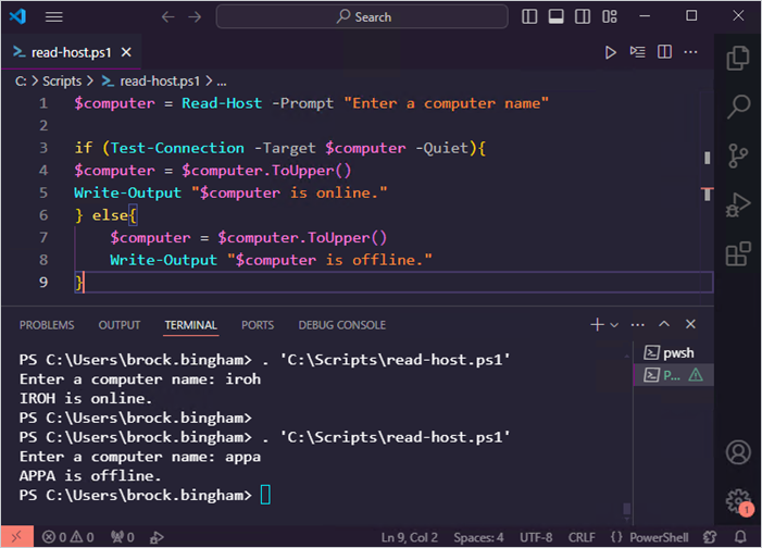 This is an example PowerShell script that shows how to check if a computer is online using the Read-Host cmdlet.