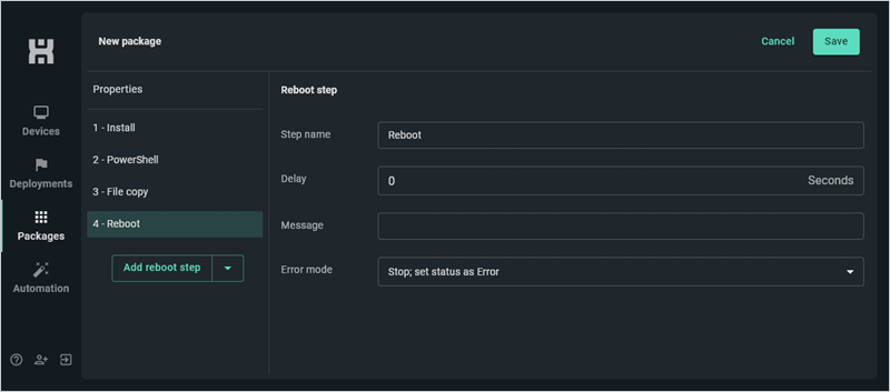 Properties of the Reboot step in PDQ Connect.