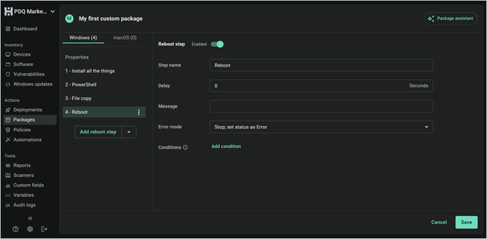 PDQ reboot step with delay, message, error mode, and conditions settings.