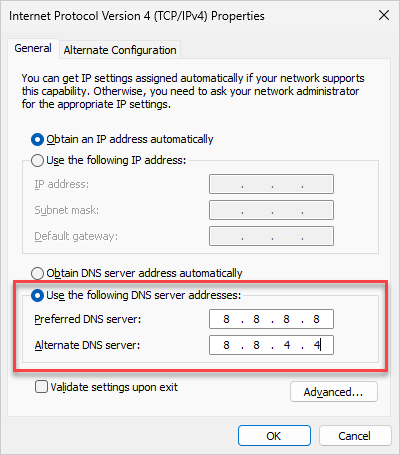 Enter the preferred and alternate DNS server addresses you want to use.