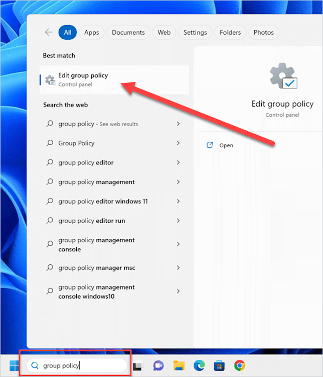 Screenshot of the Microsoft 11 UI showing the "Edit group policy" app that appears when you search "group policy."