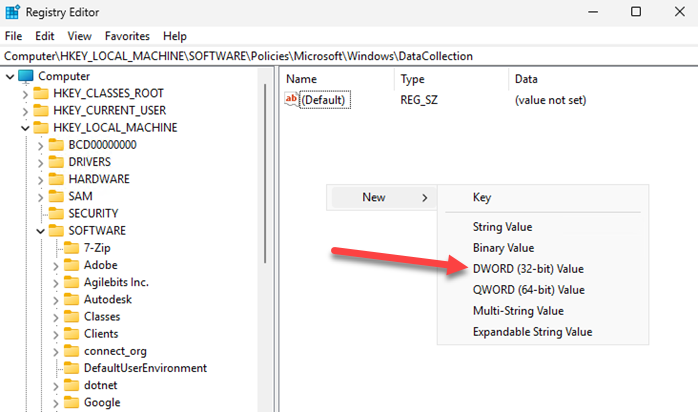 Creating a new registry value in the Windows registry.