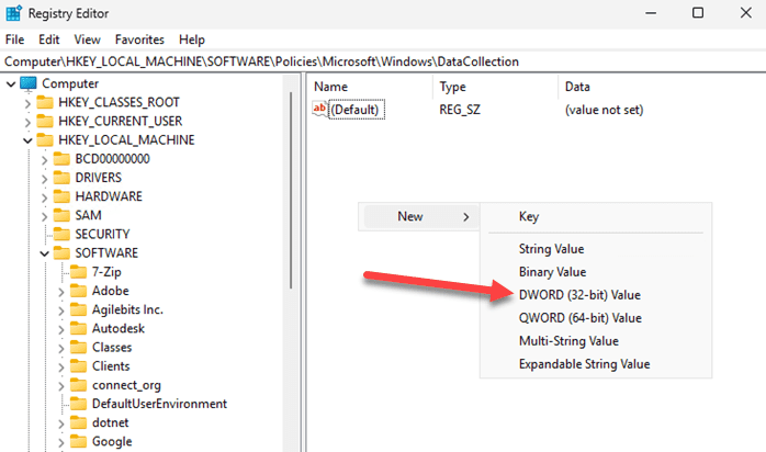 Creating a new registry value in the Windows registry.