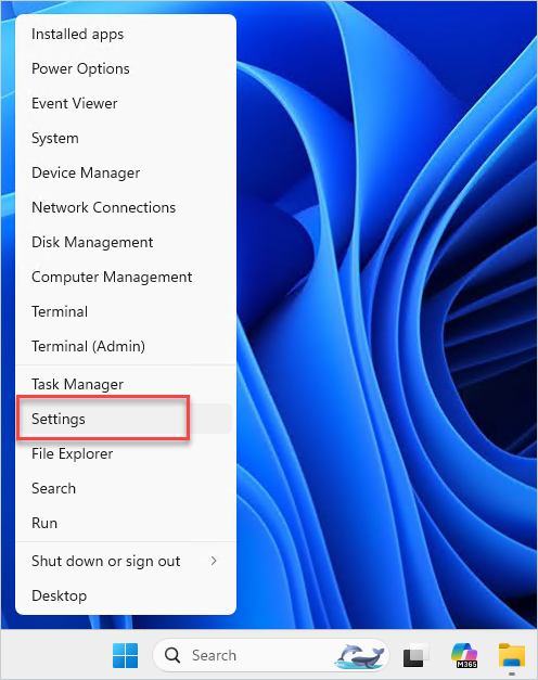 Accessing the settings app in Windows 11.