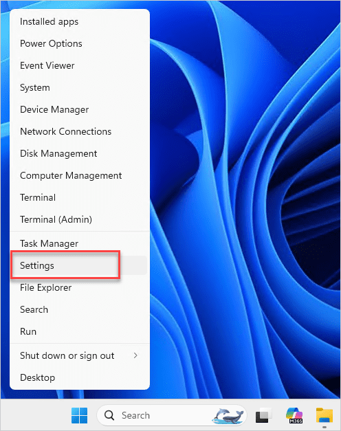 Accessing the settings app in Windows 11.