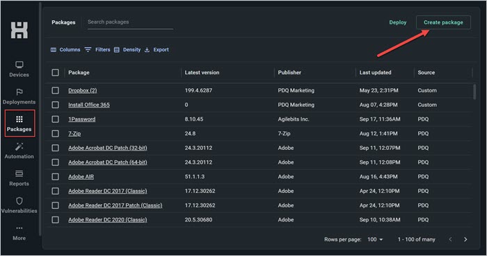 Screenshot of the PDQ Connect UI showing Packages > Create package.